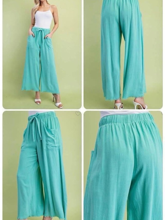 Gigio Pants - GiGio Elastic-Waist Cropped Wide-Leg flowy Pants in Turquoise